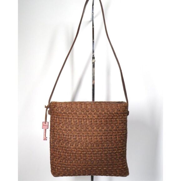 Vintage Fossil Brown Woven Shoulder Bag Wooden Key Leather Trim Medium - Picture 1 of 14